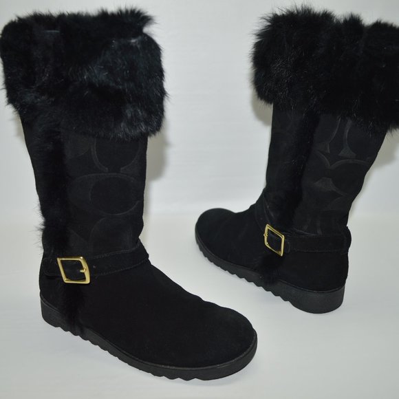 Coach Shoes - Coach Deeann Black Suede Signature Embossed Fur Boots Women's Size 7B